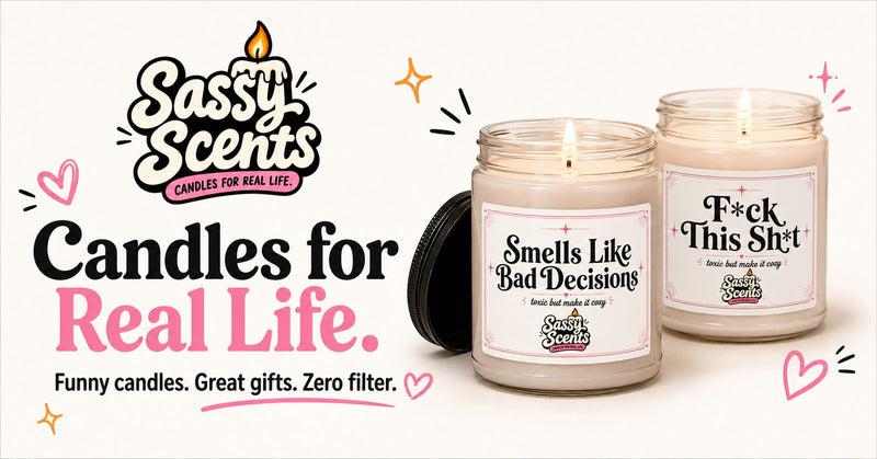Sassy Scents brand banner with two candles