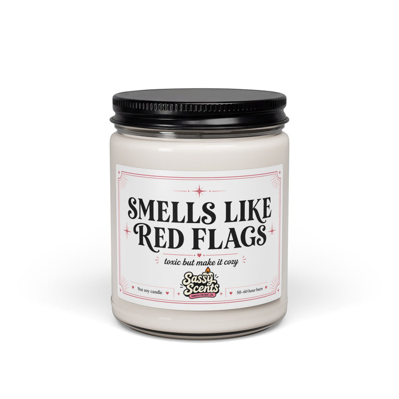 Smells Like Red Flags — front view of the 9oz soy candle with a black lid