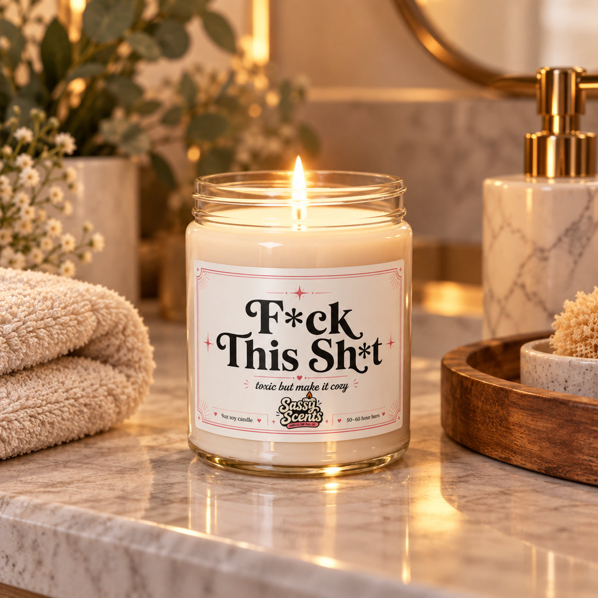 Customer pointing at her Smells Like Bad Decisions candle